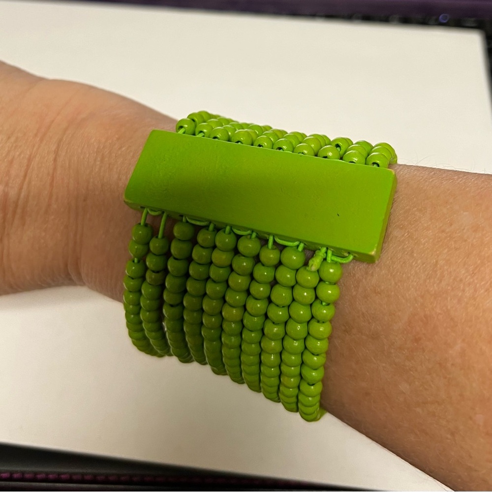 Lime Green Wood Multi Strand Beaded Stretch Cuff Statement‎ Bracelet Boho